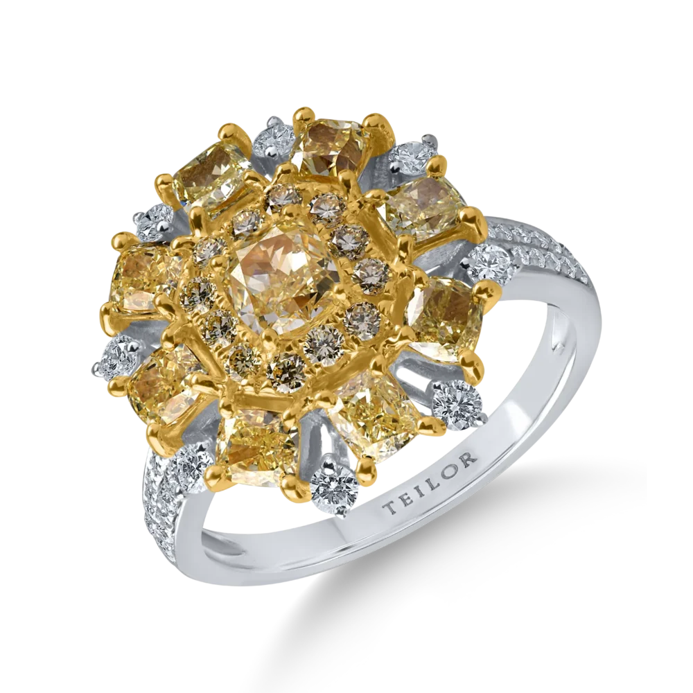 Inel din aur alb-galben cu diamante galbene rectangulare si rotunde si incolore de 2.8ct