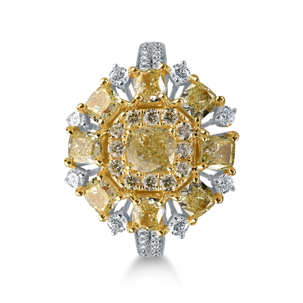 Inel din aur alb-galben cu diamante galbene rectangulare si rotunde si incolore de 2.8ct - imagine 2