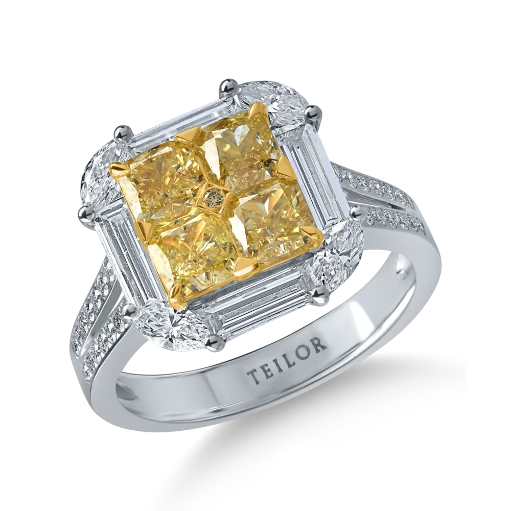 Inel din aur alb-galben cu diamante galbene cushion si rotunde si diamante incolore de 3.3ct