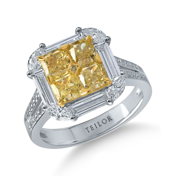 Inel din aur alb-galben cu diamante galbene cushion si rotunde si diamante incolore de 3.3ct