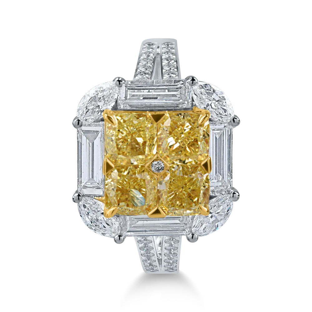 Inel din aur alb-galben cu diamante galbene cushion si rotunde si diamante incolore de 3.3ct - imagine 2