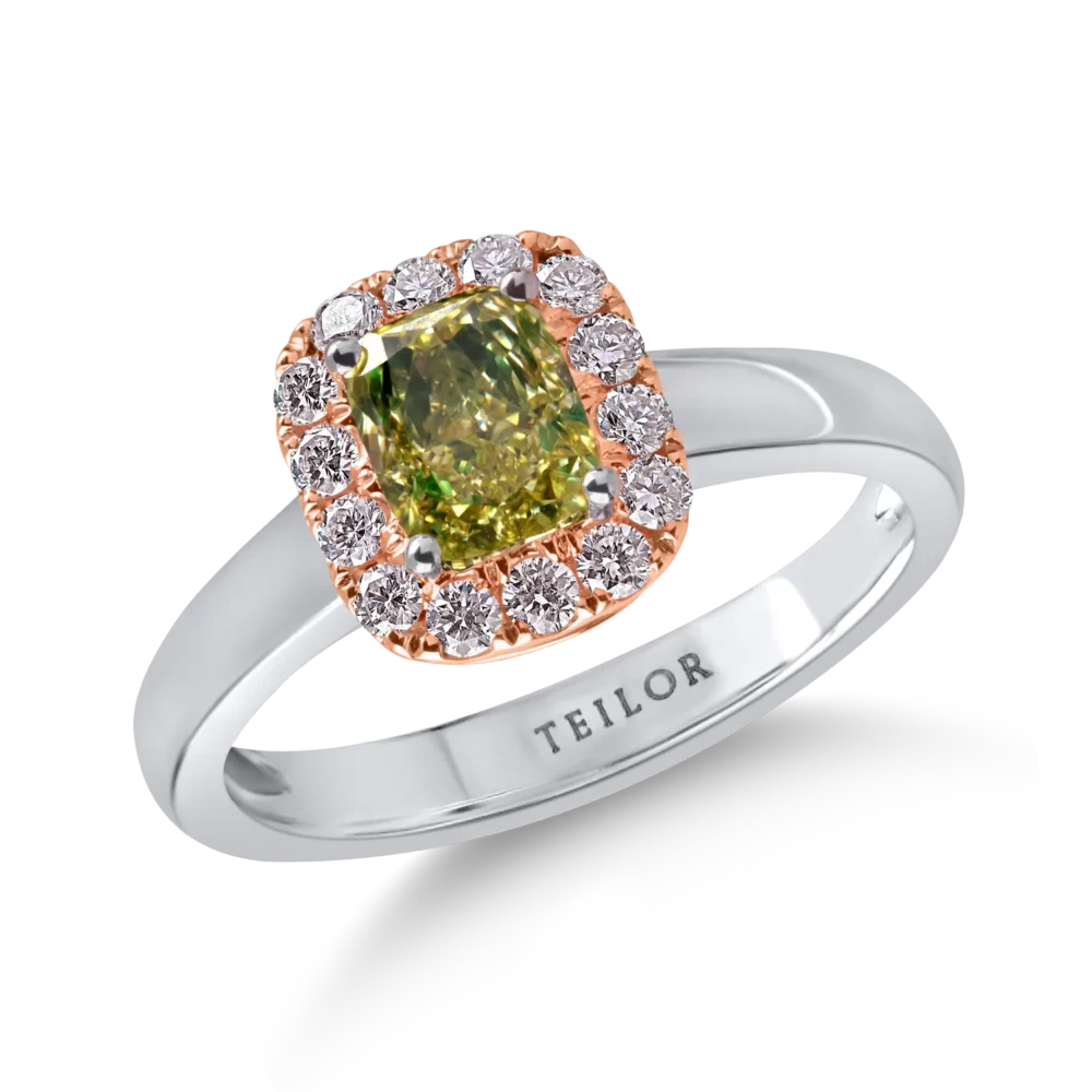 Inel din aur alb-roz cu diamant verde cushion si diamante roz de 1.3ct