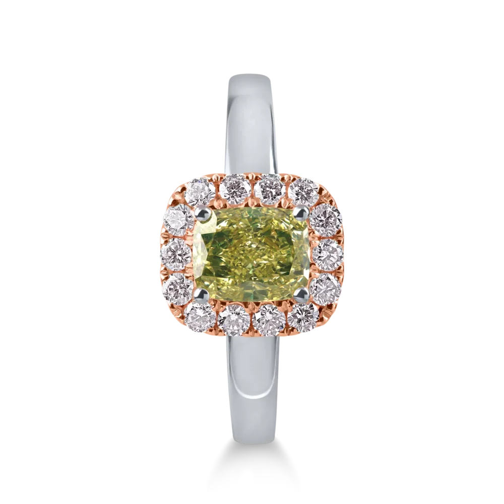 Inel din aur alb-roz cu diamant verde cushion si diamante roz de 1.3ct - imagine 2