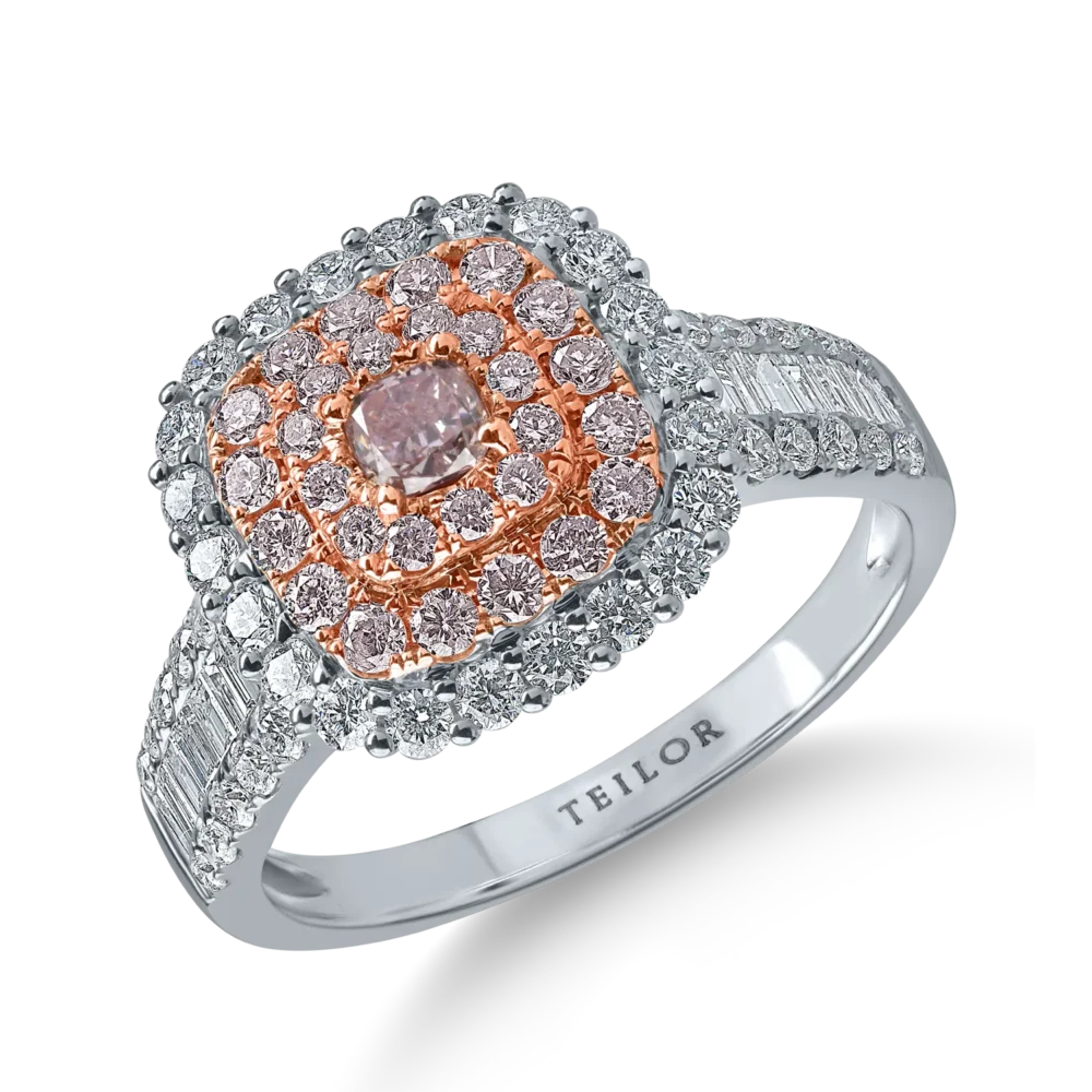 Inel din aur alb-roz cu diamante roz cushion si rotunde si diamante incolore baguette si rotunde de 1.5ct