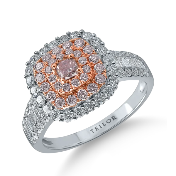 Inel din aur alb-roz cu diamante roz cushion si rotunde si diamante incolore baguette si rotunde de 1.5ct