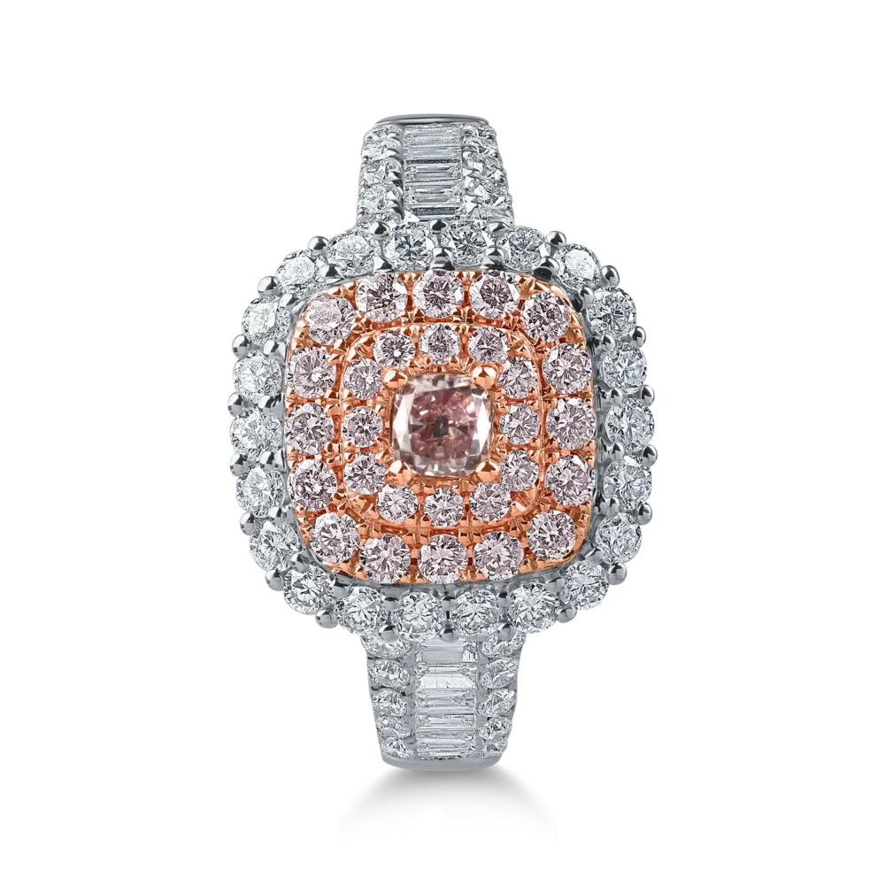 Inel din aur alb-roz cu diamante roz cushion si rotunde si diamante incolore baguette si rotunde de 1.5ct - imagine 2