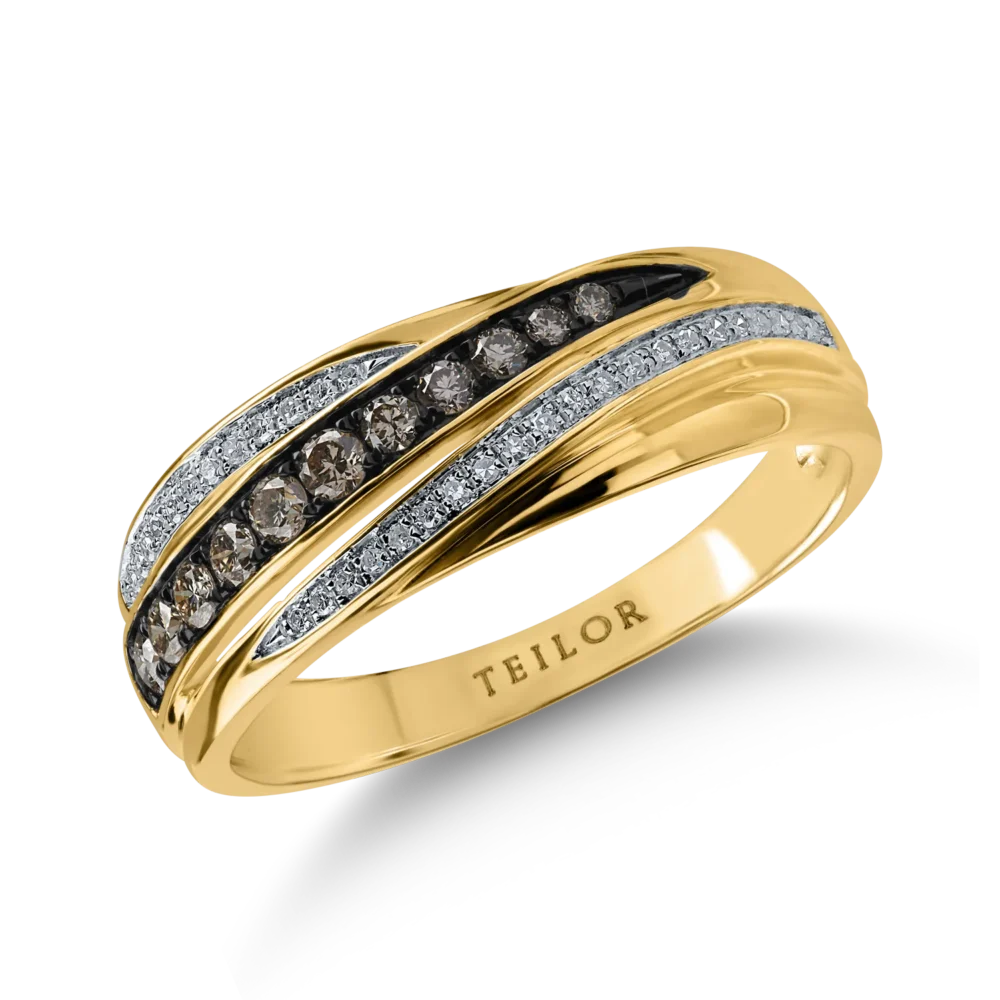 Inel din aur galben cu diamante maro de 0.186ct si diamante transparente de 0.07ct