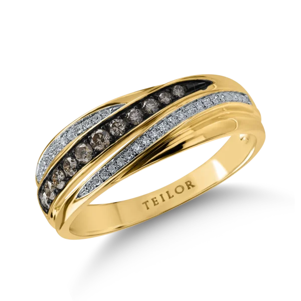 Inel din aur galben cu diamante maro de 0.186ct si diamante transparente de 0.07ct