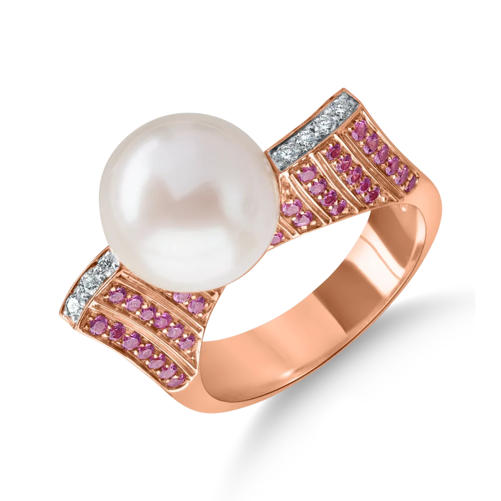 Inel din aur roz cu perla de cultura si pietre pretioase de 0.7ct