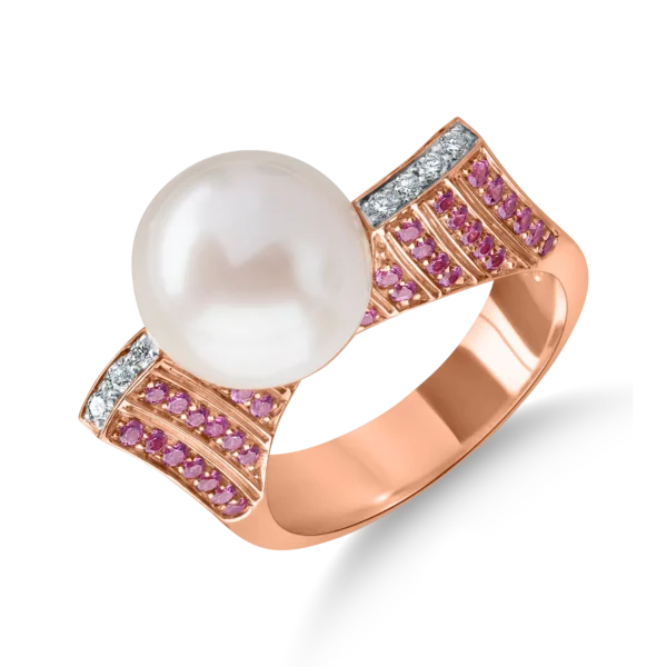 Inel din aur roz cu perla de cultura si pietre pretioase de 0.7ct