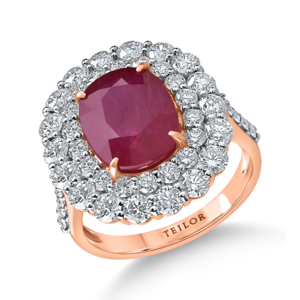 Inel din aur roz cu rubin oval si diamante de 7.3ct