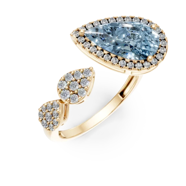 Inel geometric din aur galben cu topaz albastru pear de 2.4ct si diamante de 0.3ct