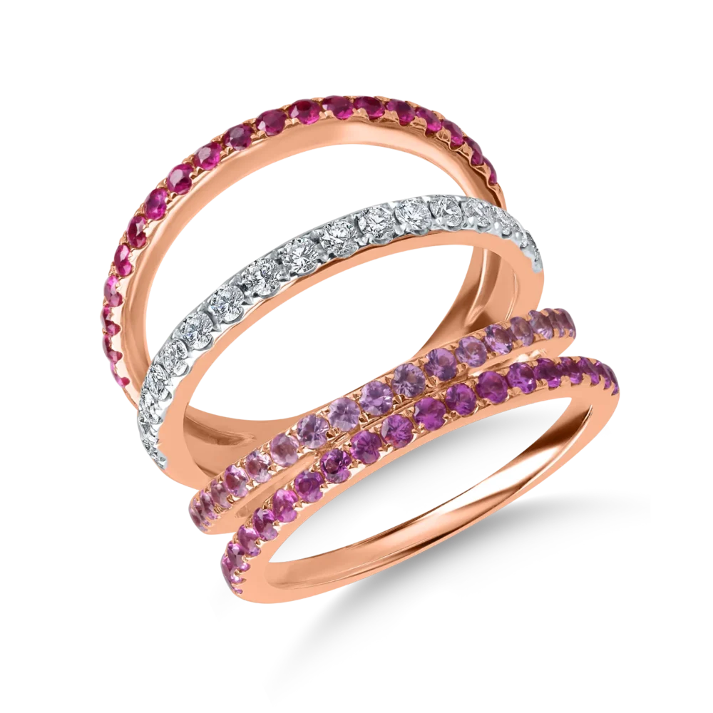 Inel geometric din aur roz cu pietre pretioase de 1.6ct