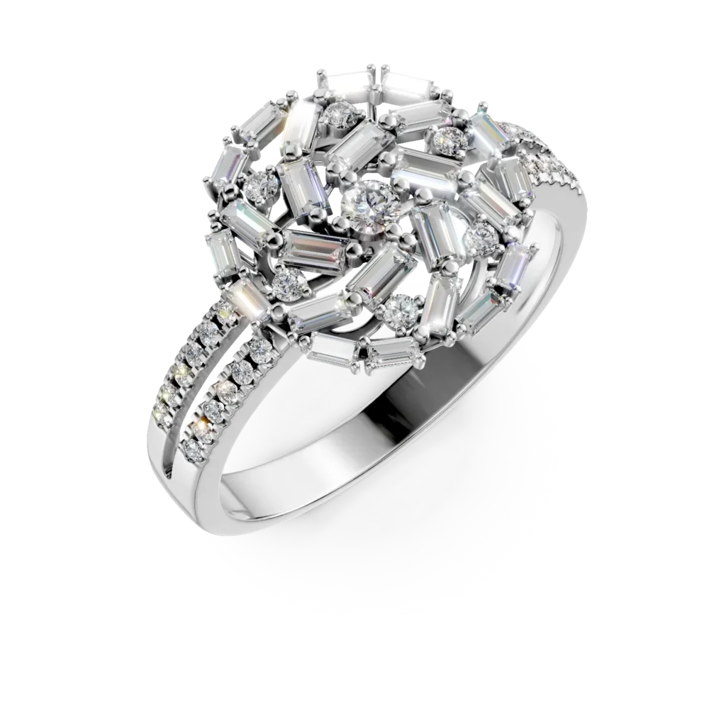 Inel rotund din aur alb cu diamante baguette si rotunde de 0.8ct