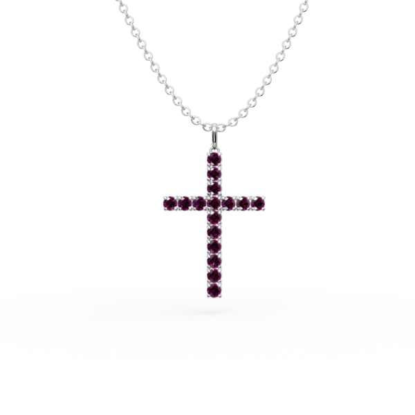 Lant cu pandantiv cruce din aur alb cu rubine de 1.5ct