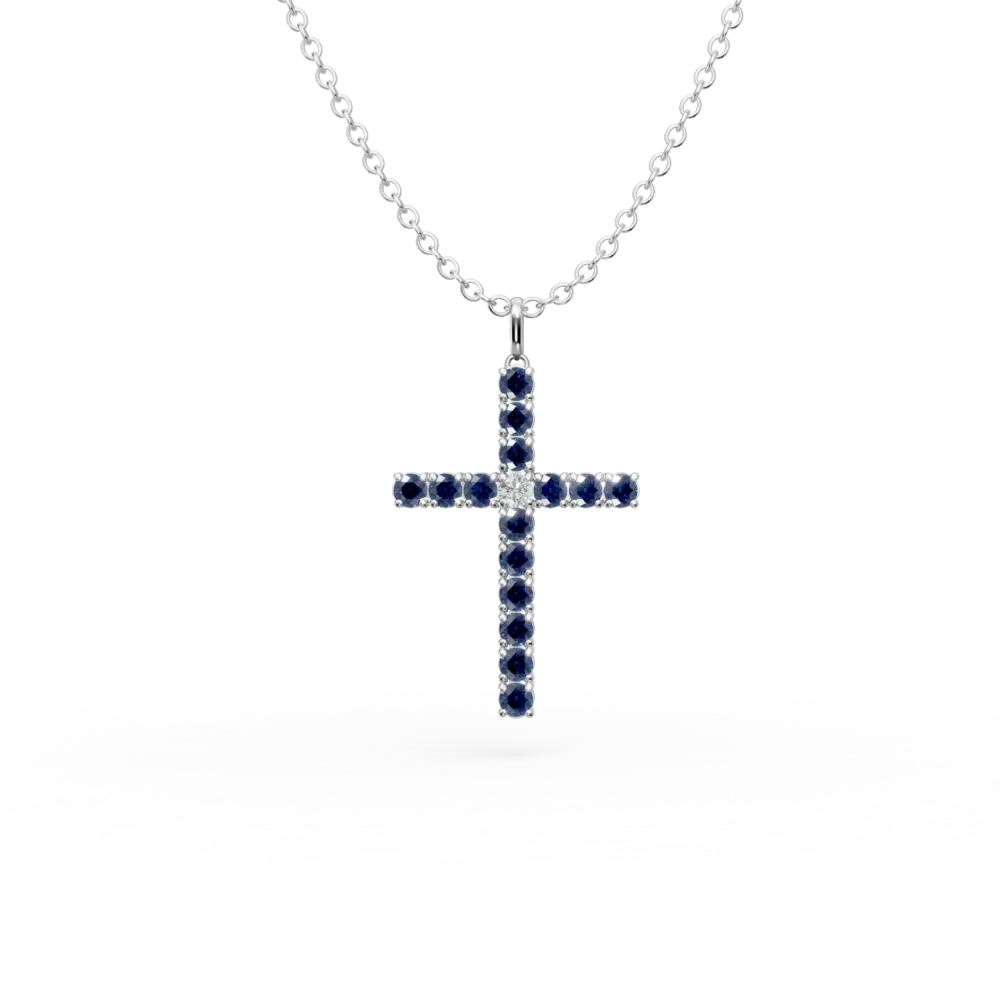 Lant cu pandantiv cruce din aur alb cu safire de 1.2ct si diamant de 0.07ct