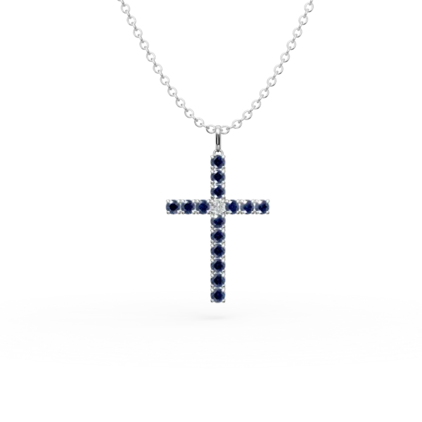 Lant cu pandantiv cruce din aur alb cu safire de 1.2ct si diamant de 0.07ct