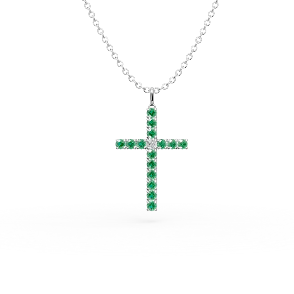 Lant cu pandantiv cruce din aur alb cu smaralde de 1.1ct si diamant de 0.07ct