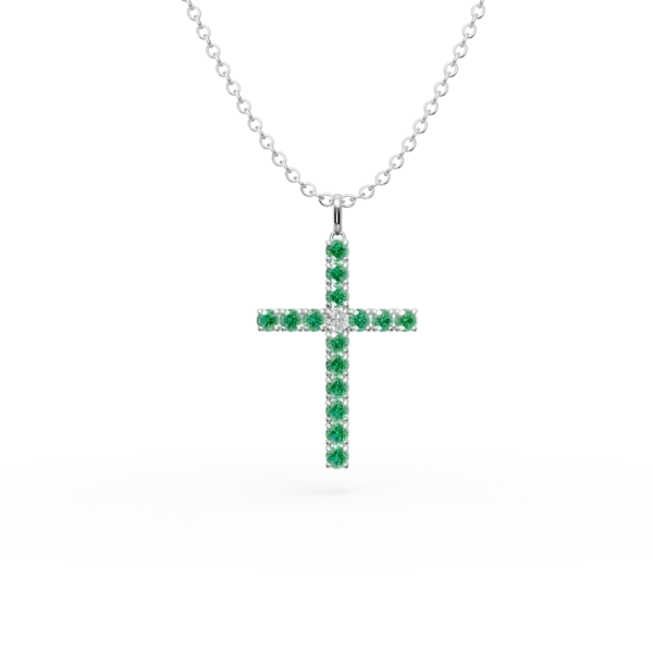Lant cu pandantiv cruce din aur alb cu smaralde de 1.1ct si diamant de 0.07ct