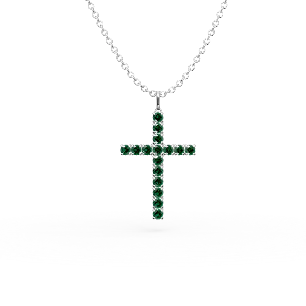 Lant cu pandantiv cruce din aur alb cu smaralde de 1.1ct