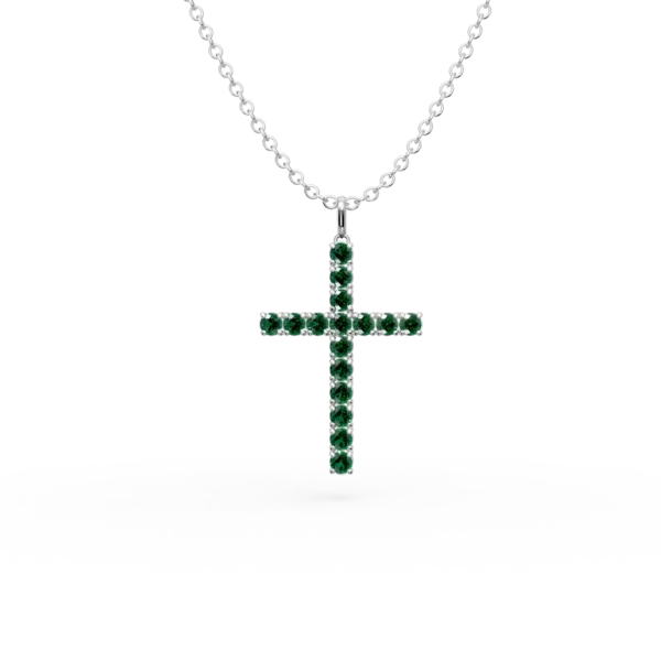 Lant cu pandantiv cruce din aur alb cu smaralde de 1.1ct