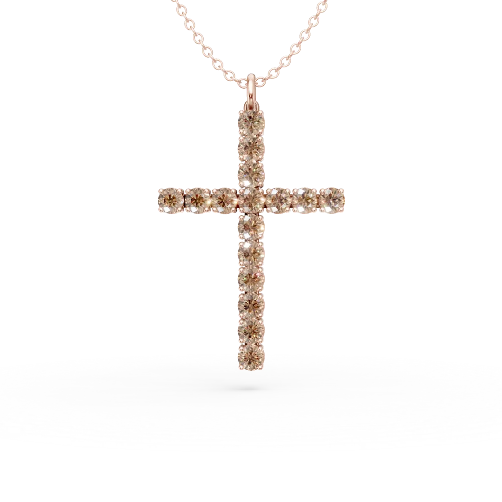 Lant cu pandantiv cruce din aur roz cu diamante maro de 1.2ct