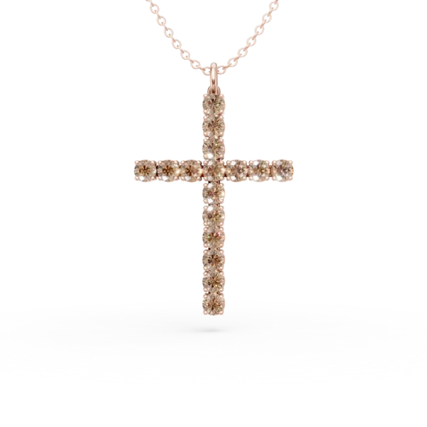 Lant cu pandantiv cruce din aur roz cu diamante maro de 1.2ct