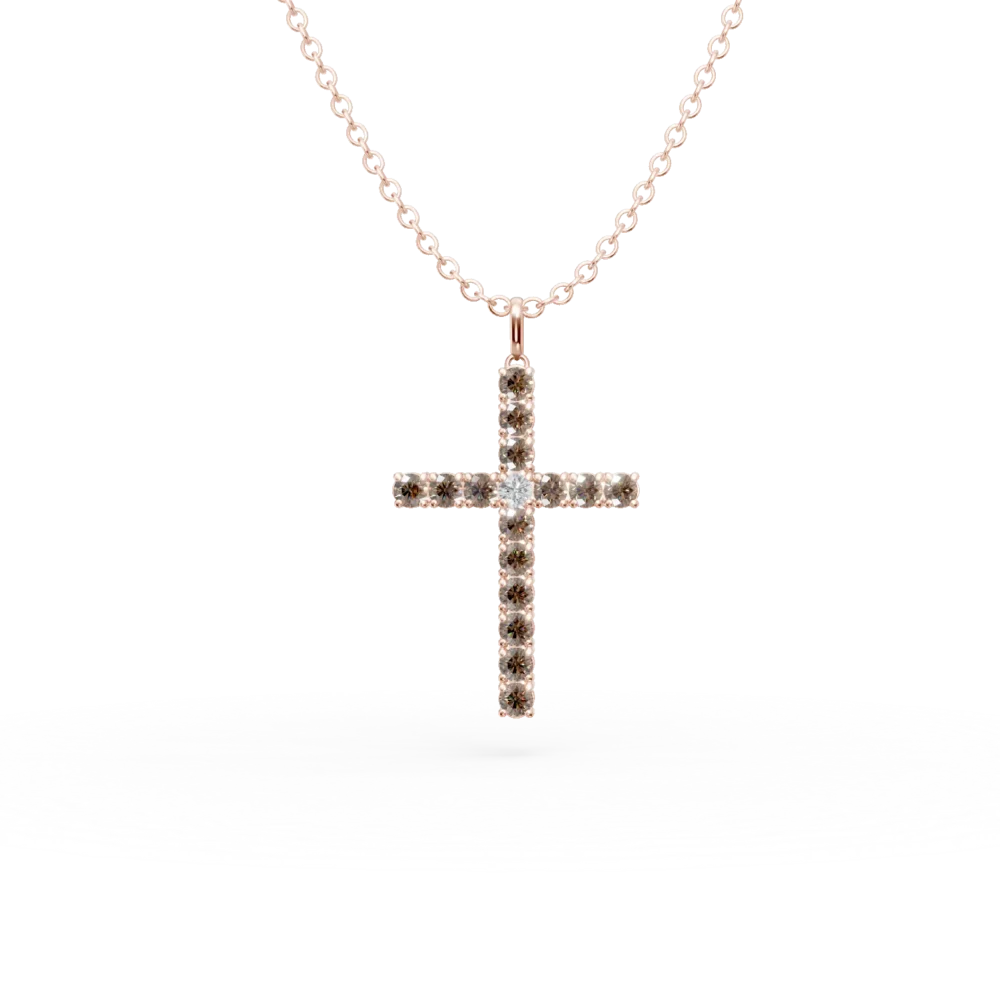 Lant cu pandantiv cruce din aur roz cu diamante de 1.2ct