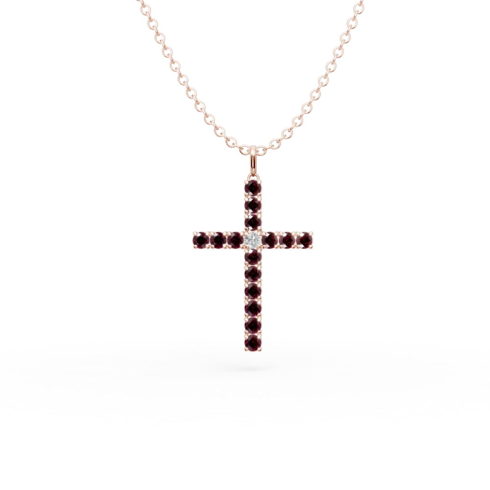 Lant cu pandantiv cruce din aur roz cu rubine de 1.4ct si diamant de 0.07ct