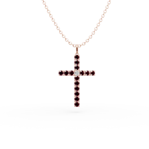 Lant cu pandantiv cruce din aur roz cu rubine de 1.4ct si diamant de 0.07ct