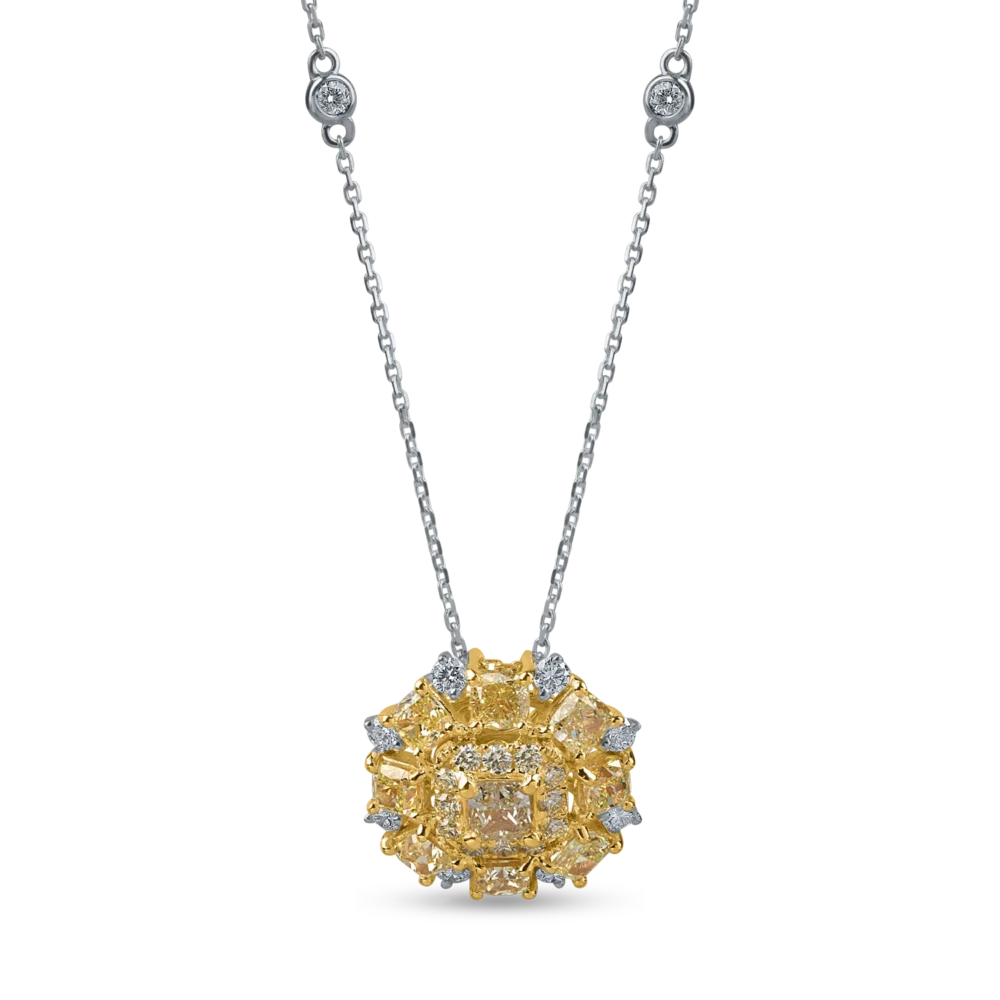 Lant cu pandantiv din aur alb-galben cu diamante galbene cushion si rotunde si diamante incolore de 3ct