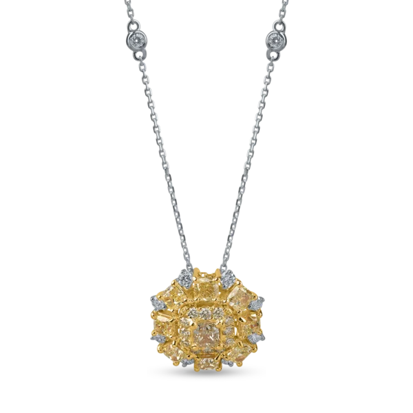 Lant cu pandantiv din aur alb-galben cu diamante galbene cushion si rotunde si diamante incolore de 3ct
