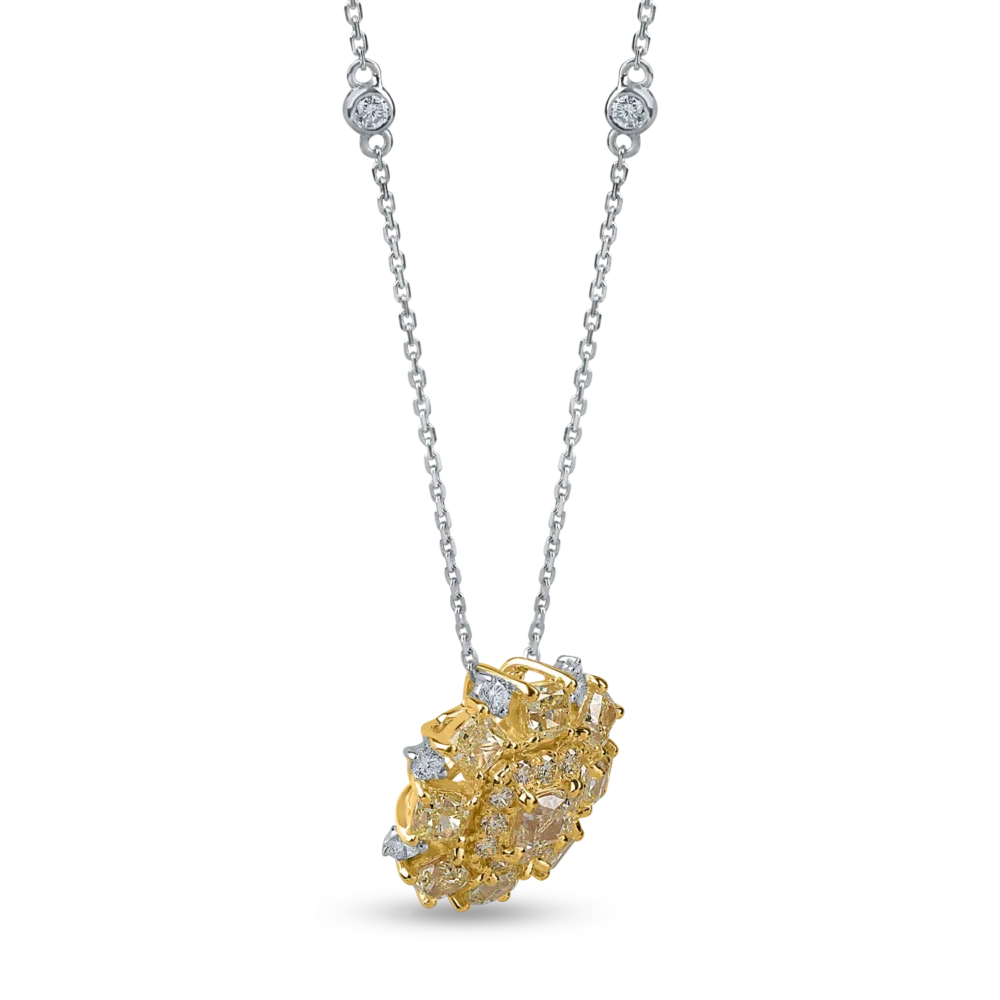 Lant cu pandantiv din aur alb-galben cu diamante galbene cushion si rotunde si diamante incolore de 3ct - imagine 2