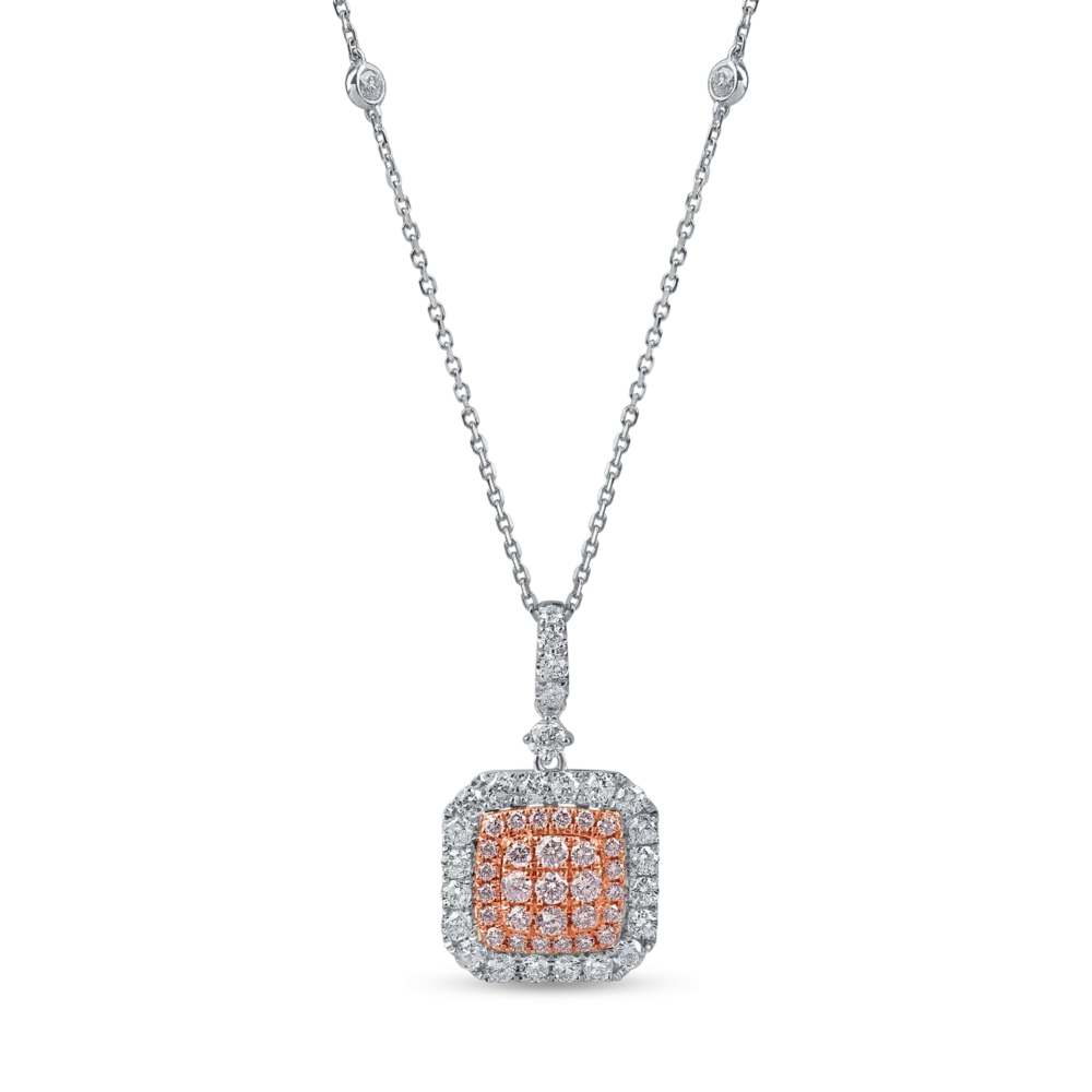 Lant cu pandantiv din aur alb-roz cu diamante roz si incolore de 1ct