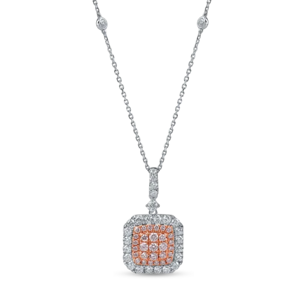 Lant cu pandantiv din aur alb-roz cu diamante roz si incolore de 1ct