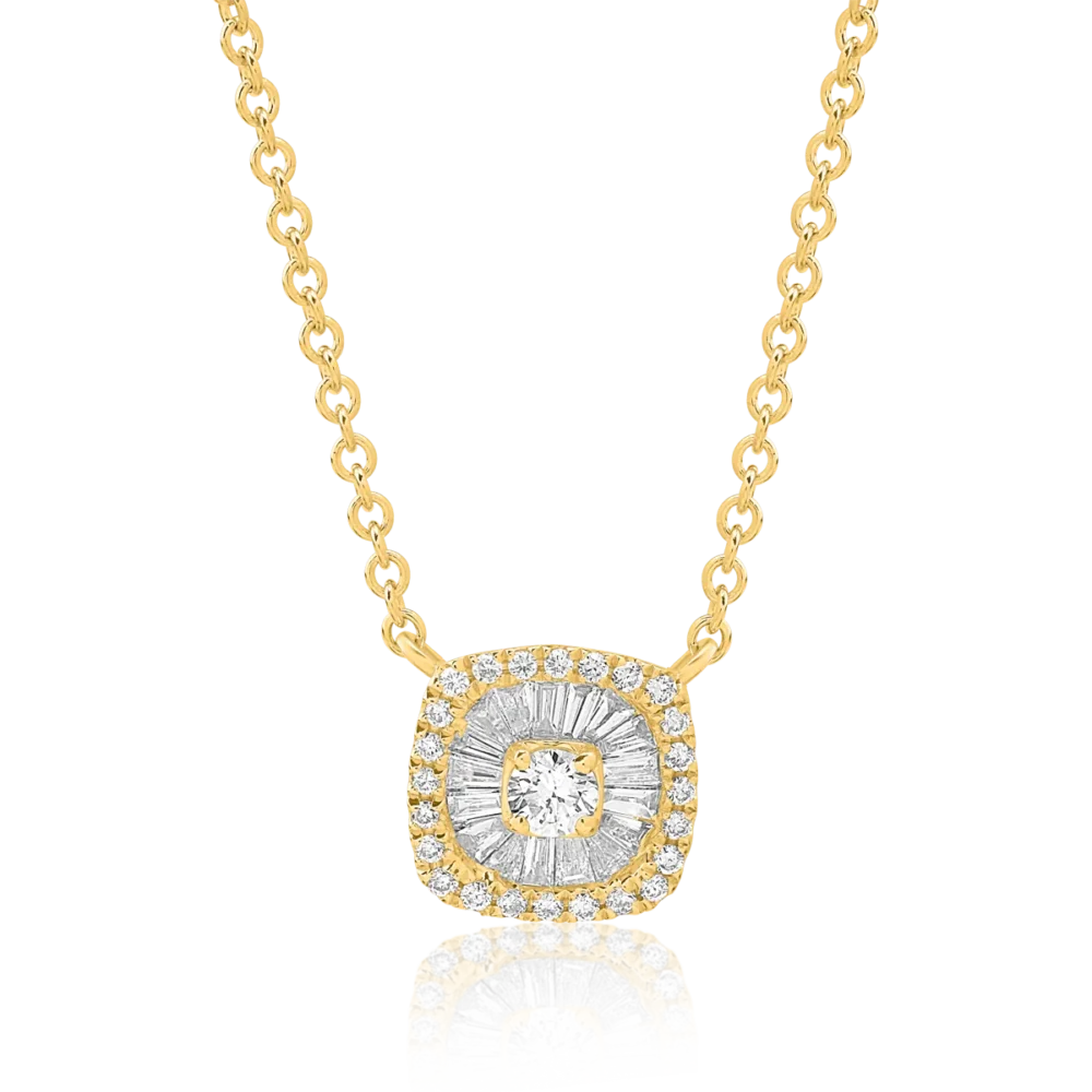 Lant cu pandantiv din aur galben cu diamante baguette si rotunde de 0.28ct