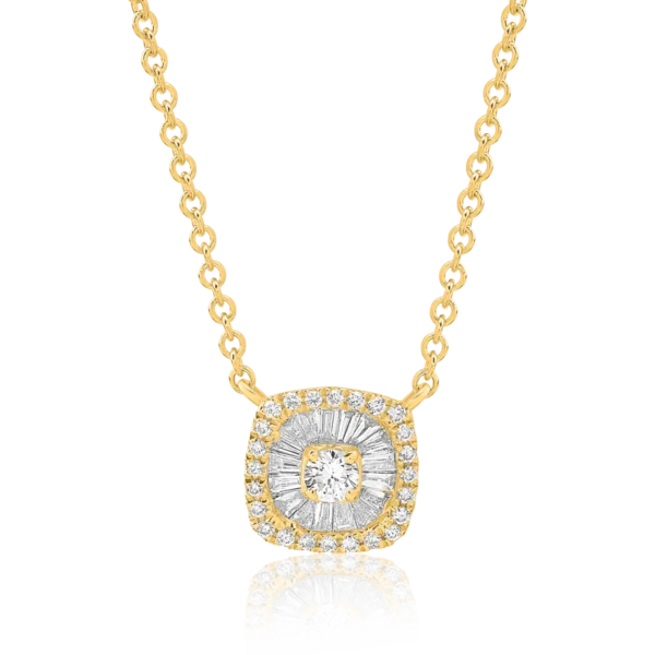 Lant cu pandantiv din aur galben cu diamante baguette si rotunde de 0.28ct