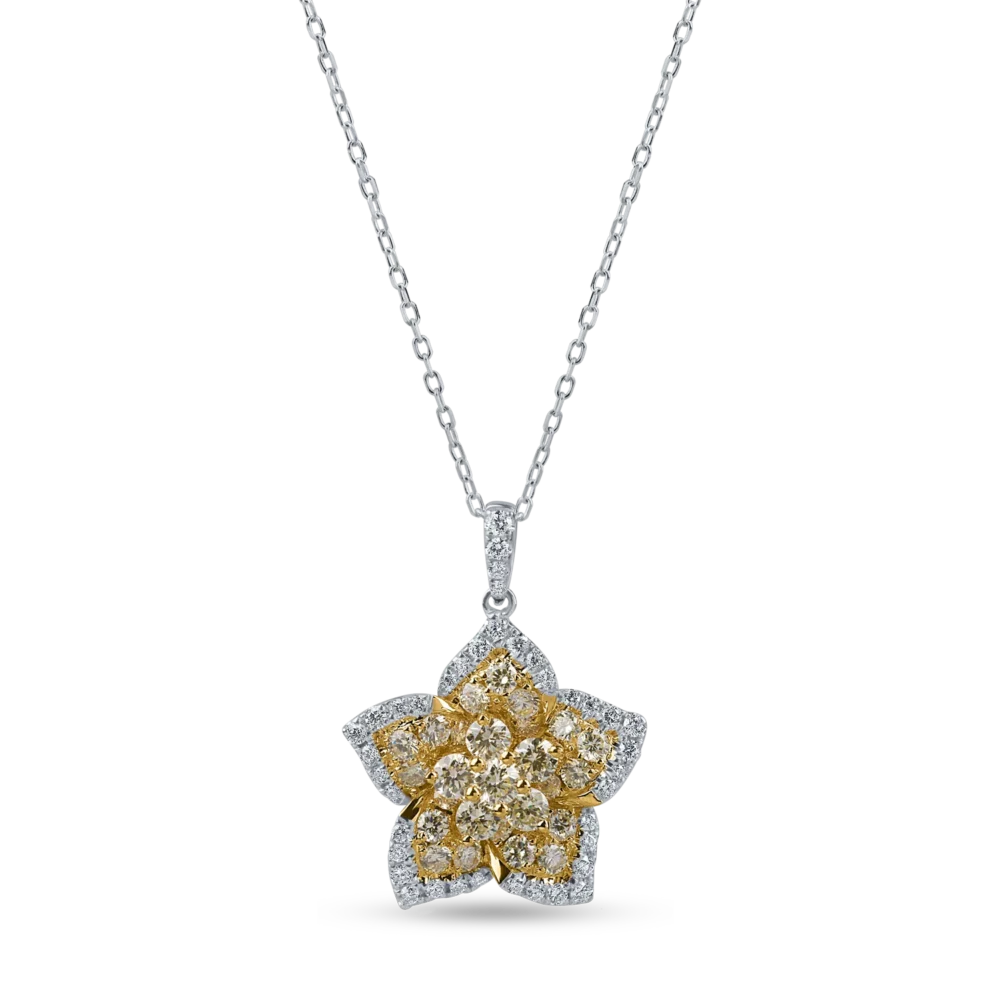 Lant cu pandantiv floare din aur alb-galben cu diamante galbene si incolore de 1.2ct