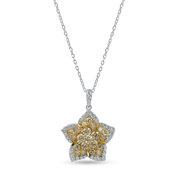 Lant cu pandantiv floare din aur alb-galben cu diamante galbene si incolore de 1.2ct