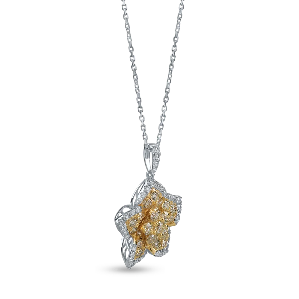Lant cu pandantiv floare din aur alb-galben cu diamante galbene si incolore de 1.2ct - imagine 2