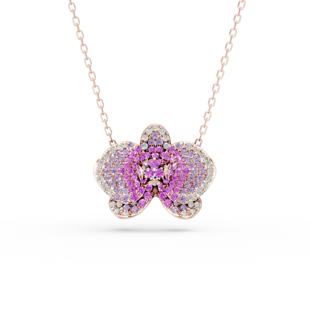 Lant cu pandantiv floare din aur roz cu safire roz de 1.31ct si diamante de 0.38ct