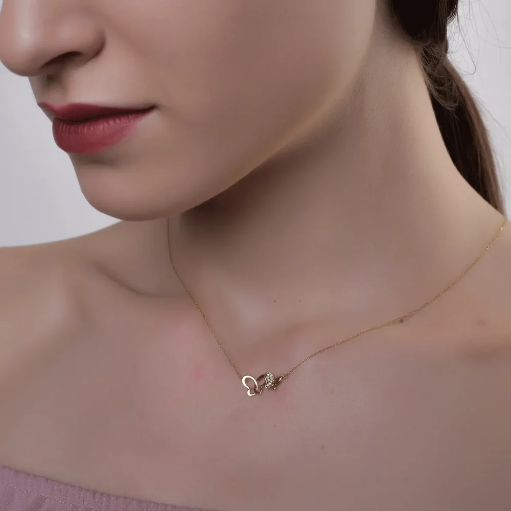Lant cu pandantiv fluturi din aur galben cu diamante de 0.02ct - imagine 2