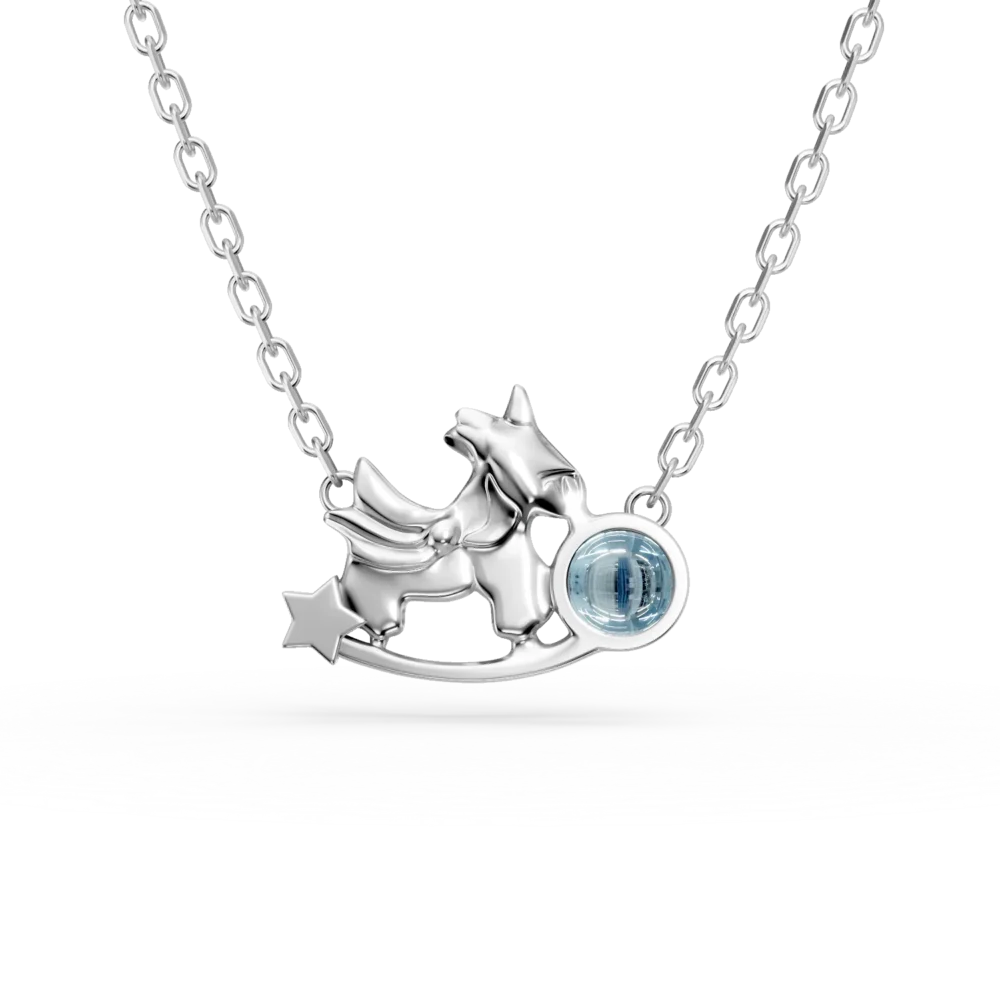 Lant cu pandantiv unicorn din aur alb cu topaz albastru de 0.2ct pentru copii