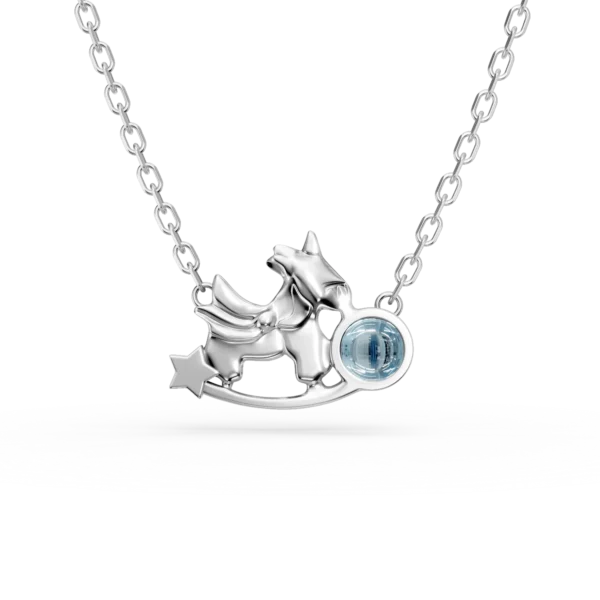 Lant cu pandantiv unicorn din aur alb cu topaz albastru de 0.2ct pentru copii