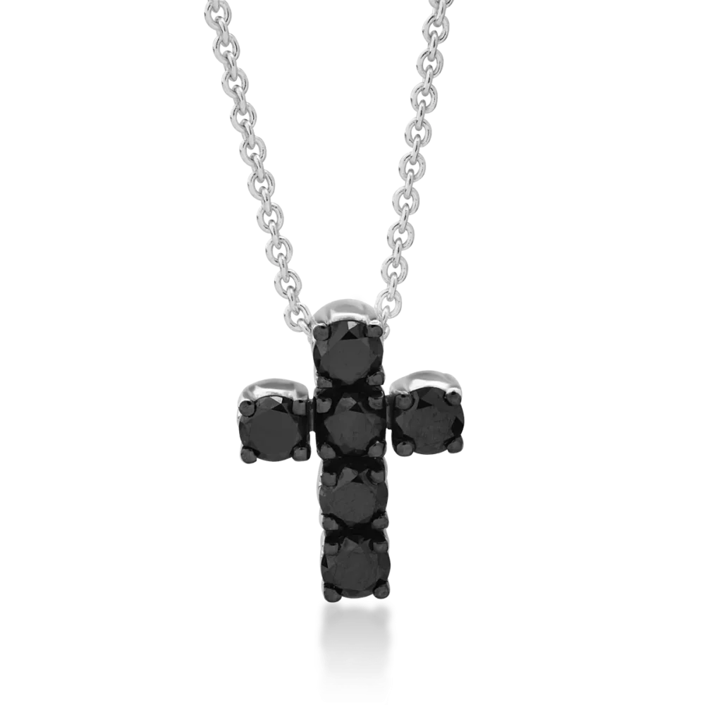 Lant cu pandantiv cruce din aur alb cu diamante negre de 0.64ct