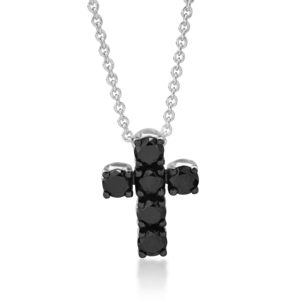 Lant cu pandantiv cruce din aur alb cu diamante negre de 0.64ct