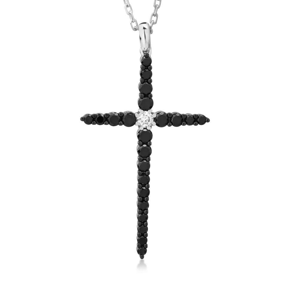 Lant cu pandantiv cruce din aur alb cu diamante negre de 1ct si un diamant alb de 0.09ct