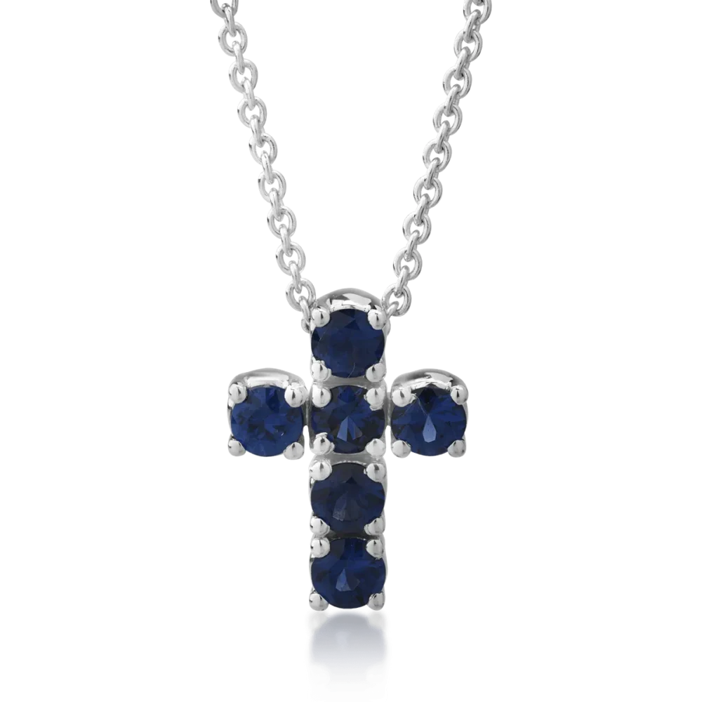 Lant cu pandantiv cruce din aur alb cu safire de 0.42ct