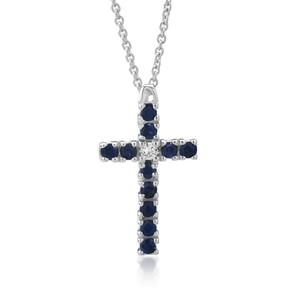 Lant cu pandantiv cruce din aur alb cu safire de 0.42ct si un diamant de 0.04ct