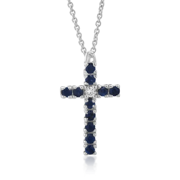 Lant cu pandantiv cruce din aur alb cu safire de 0.42ct si un diamant de 0.04ct